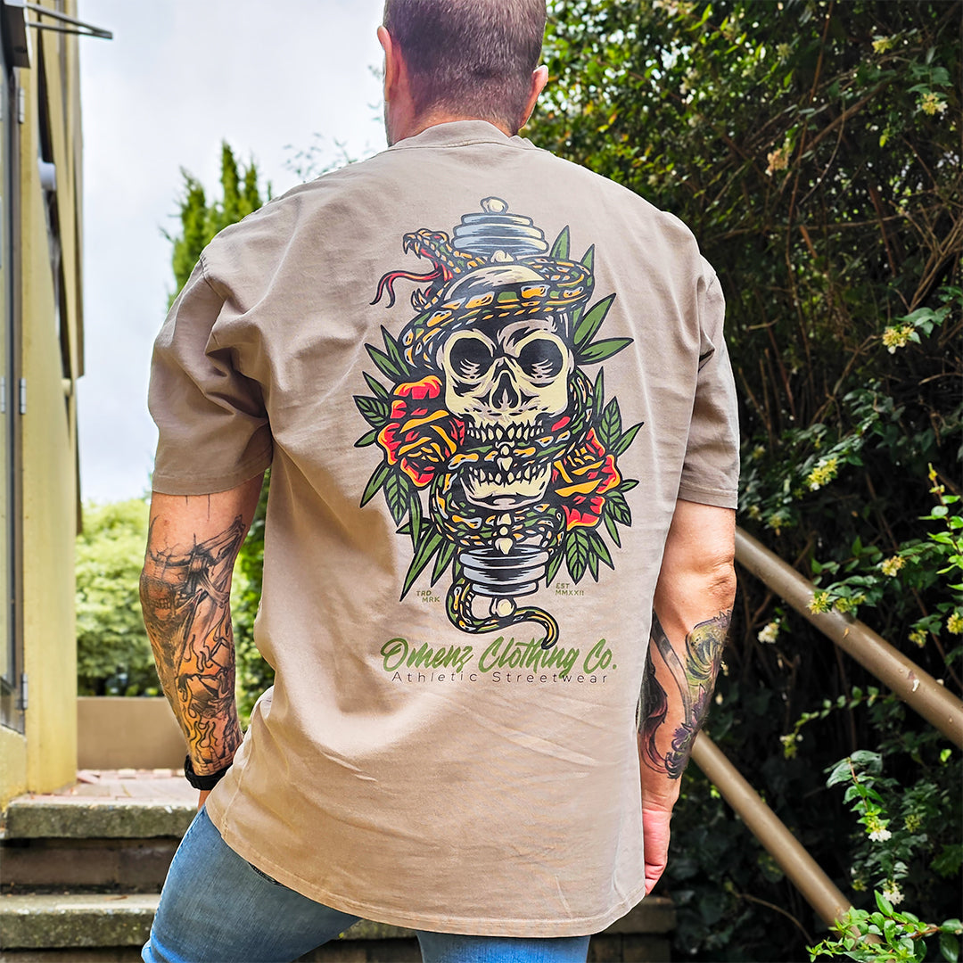 Omenz Premium Oversized Tees – heavyweight cotton, relaxed fit, tattoo-inspired graphics.