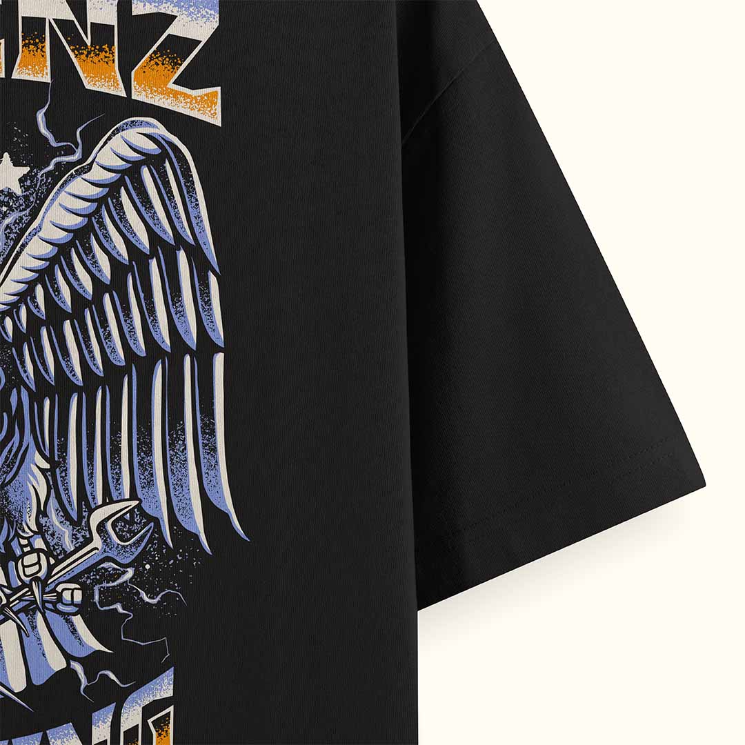 Close up of craftsmanship detail of Omenz Liberty unisex t-shirt back print