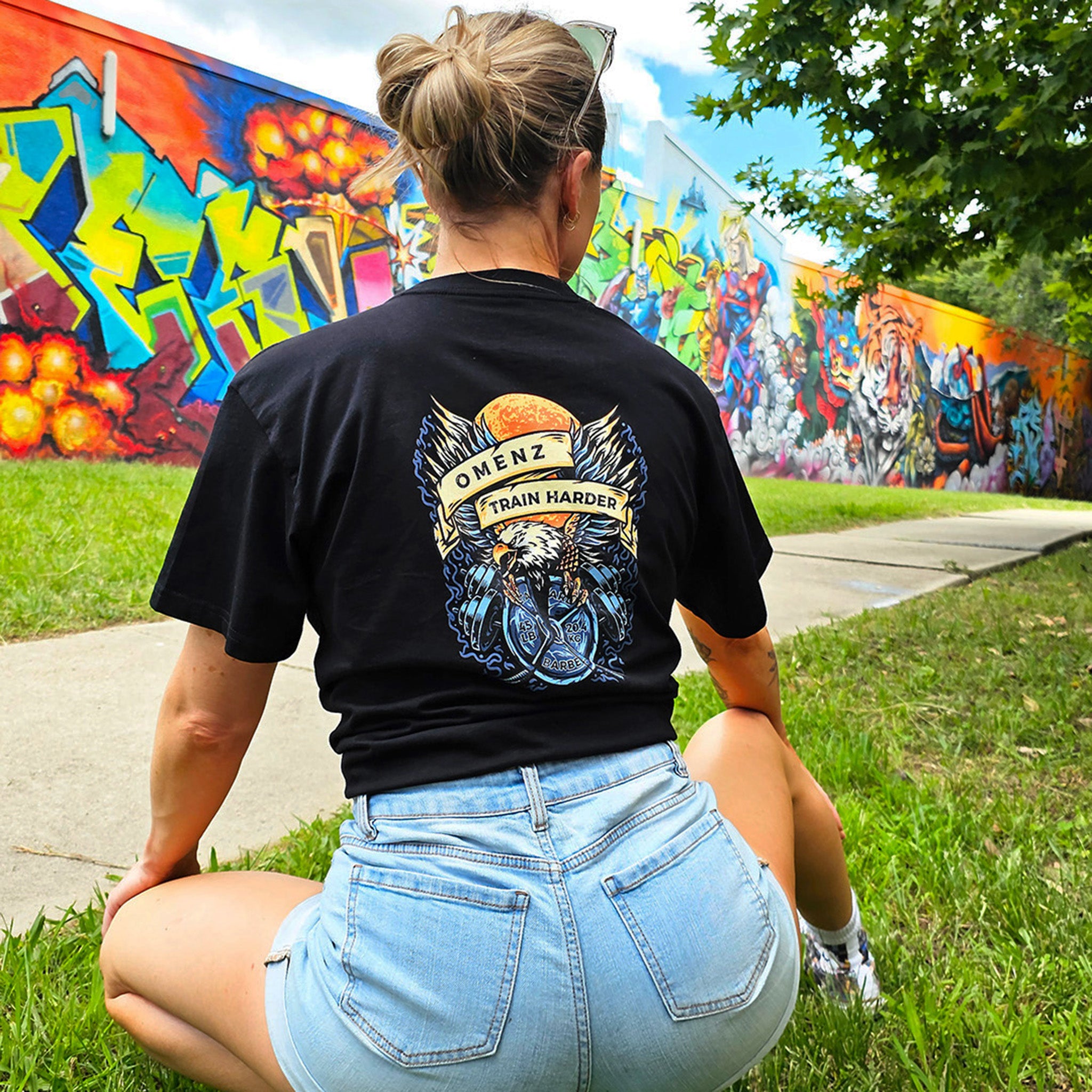 Omenz Clothing Co. Athletic Streetwear Train Harder Women's Black Tee