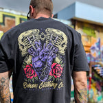 Back shot of the Omenz Clothing Co. Full Throttle oversized unisex tee. Premium 100% cotton in faded black. 
