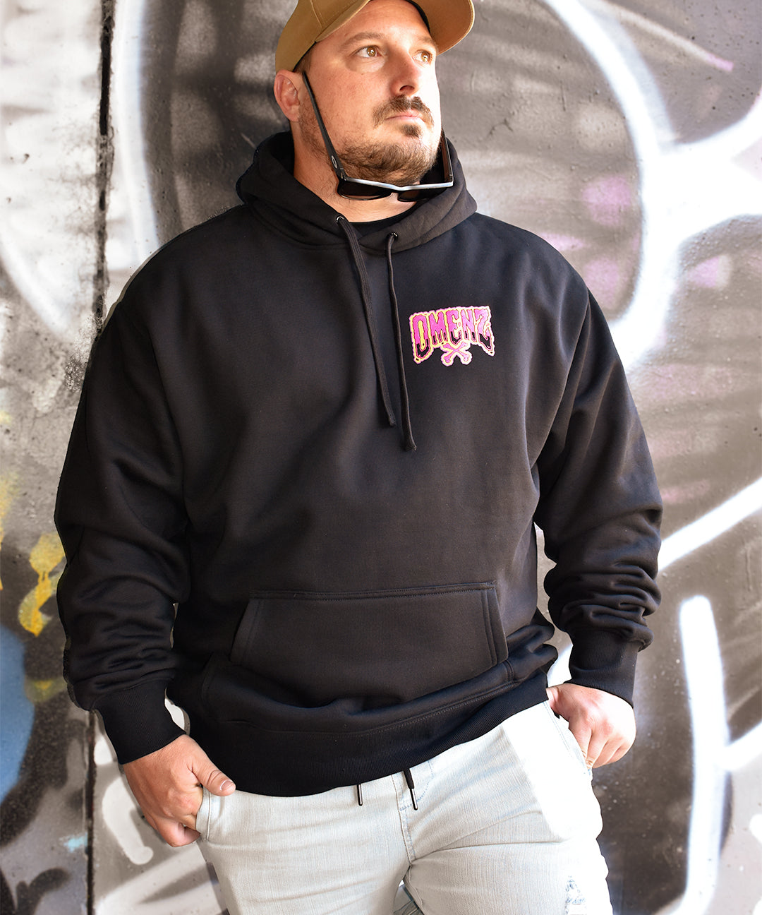 Omenz Menace Premium Oversized Heavyweight hood front view male model