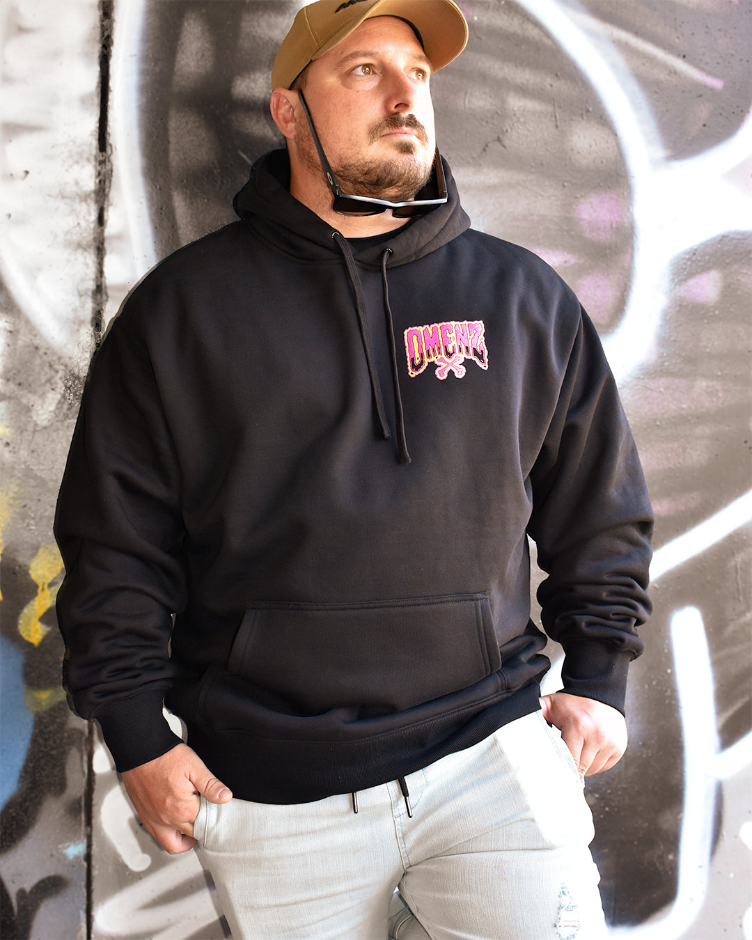 Omenz Menace Premium Oversized Heavyweight hood front view male model