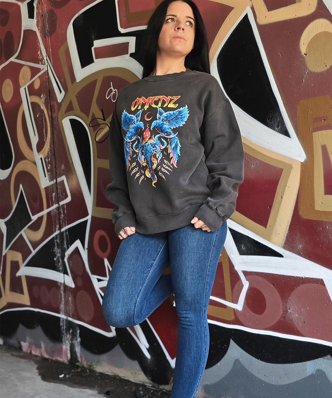 Omenz Reckoning Relaxed Pullover Crew Premium Graphic female model  Front print