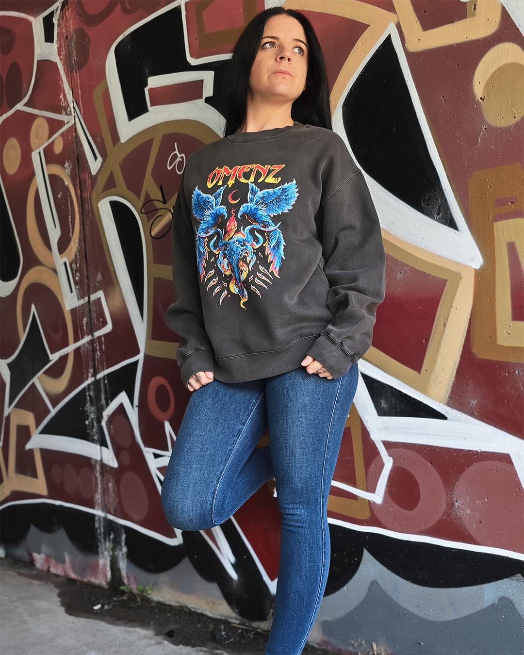 Omenz Reckoning Relaxed Pullover Crew Premium Graphic female model  Front print