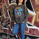 Omenz Reckoning Relaxed Pullover Crew Premium Graphic female model  Front print
