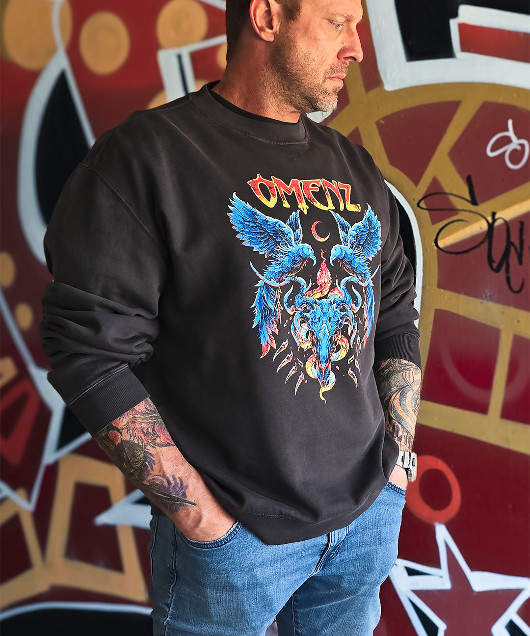 Omenz Reckoning Relaxed Pullover Crew Premium Graphic male model  Front print