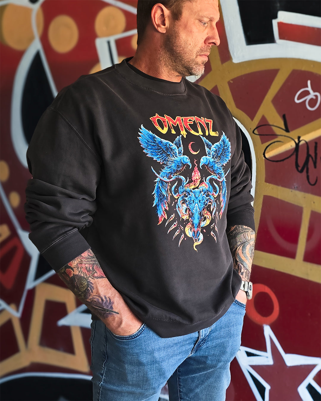 Omenz Reckoning Relaxed Pullover Crew Premium Graphic male model  Front print