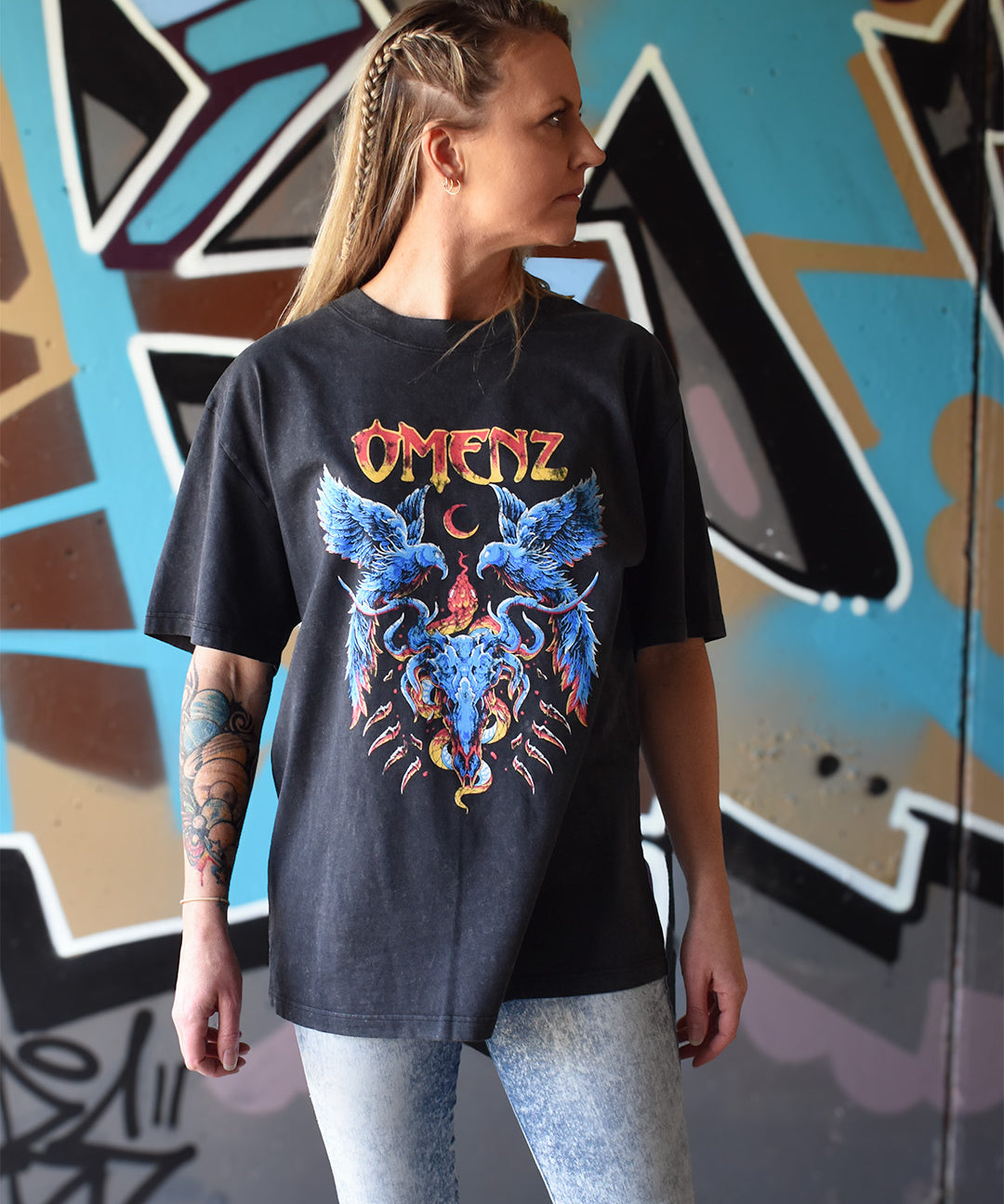 Omenz Reckoning Oversized Tee Stonewash female model front view