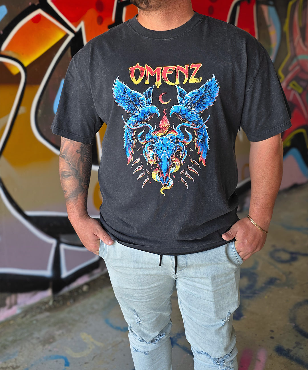 Omenz Reckoning Oversized Premium Graphic Tee Stonewash male model front view