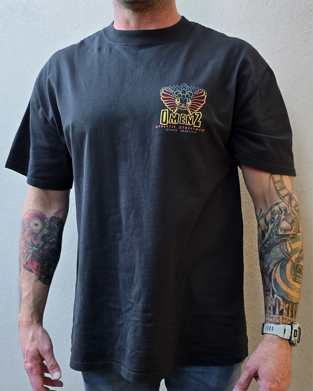 Omenz Rival Faded Black Tee front view male model