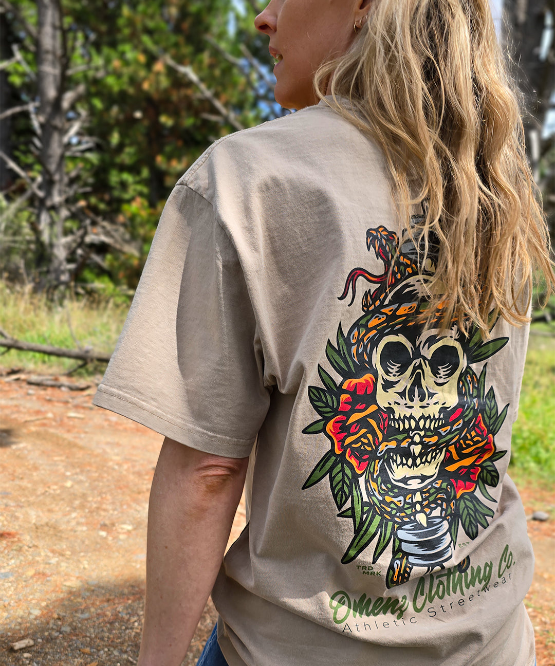 Back design of Omenz Premium Oversized Strike Hard Tee – skull and snake tattoo print on heavyweight cotton.