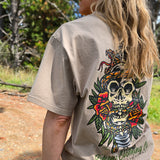 Back design of Omenz Premium Oversized Strike Hard Tee – skull and snake tattoo print on heavyweight cotton.