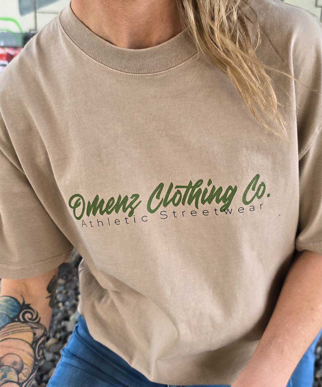 Front print of the Omenz Premium Oversized Strike Hard Tee – skull and snake tattoo print on heavyweight cotton, printed in Australia.