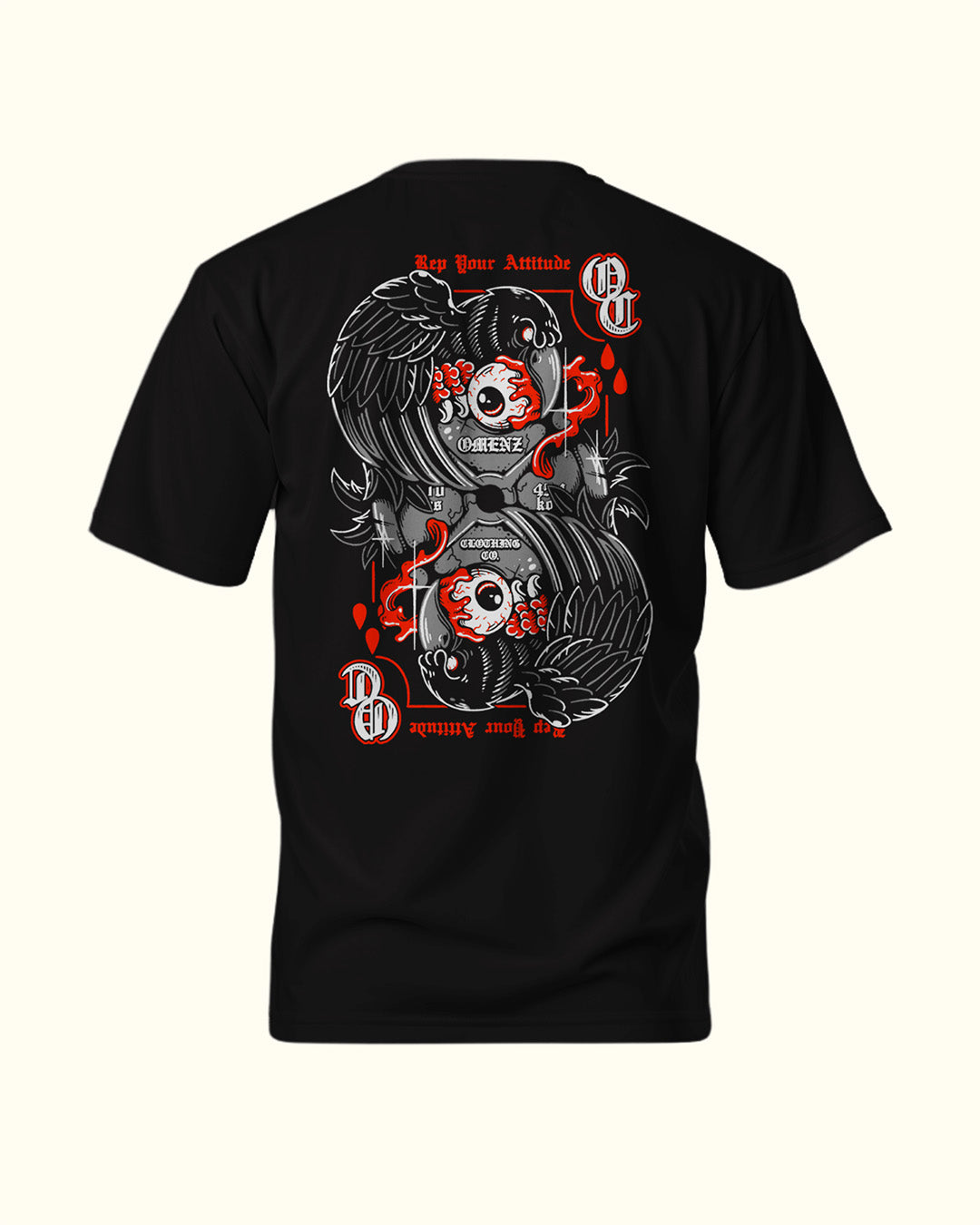Black Omenz t-shirt with a detailed graphic design on the back, featuring wings and mechanical elements.