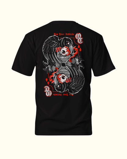 Black Omenz t-shirt with a detailed graphic design on the back, featuring wings and mechanical elements.